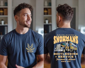 Snowman’s Bootlegging Service Truck Driver Double Sided Shirt, Smokey And The Bandit Retro Movie Design, Vintage Trucker Style Tee