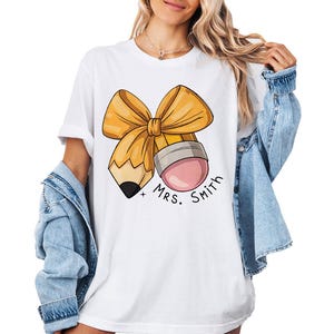 Custom Coquette Teacher Shirt, Personalized Coquette Pencil Bow T-Shirt, Custom Back to School Teacher Shirt, Elementary Teacher Gift Shirt