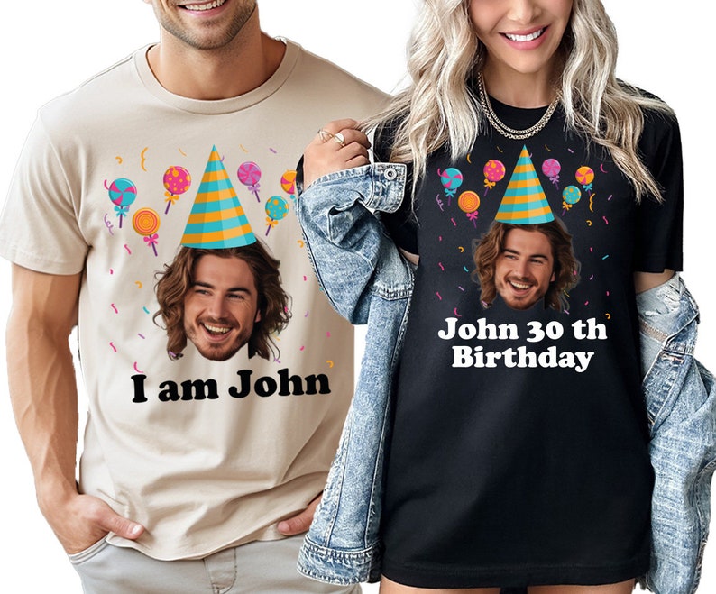 a man and a woman wearing matching birthday shirts