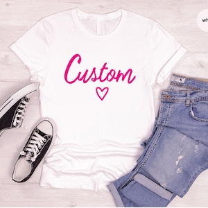 Personalized Text Shirt, Custom Heart T-Shirt, Gifts for Her, Customized Toddler TShirts, Cute Kids Clothes, Pink Graphic Tees for Women