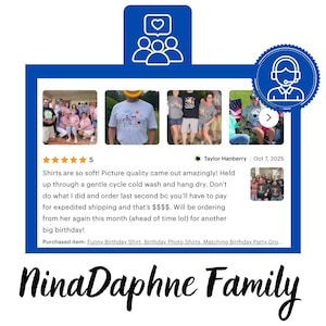 Puede incluir: Gr&aacute;fico azul con un icono de coraz&oacute;n y personas, un icono de servicio al cliente y un logotipo "NinaDaphne Family". La imagen incluye rese&ntilde;as de clientes y fotos de personas con camisetas.