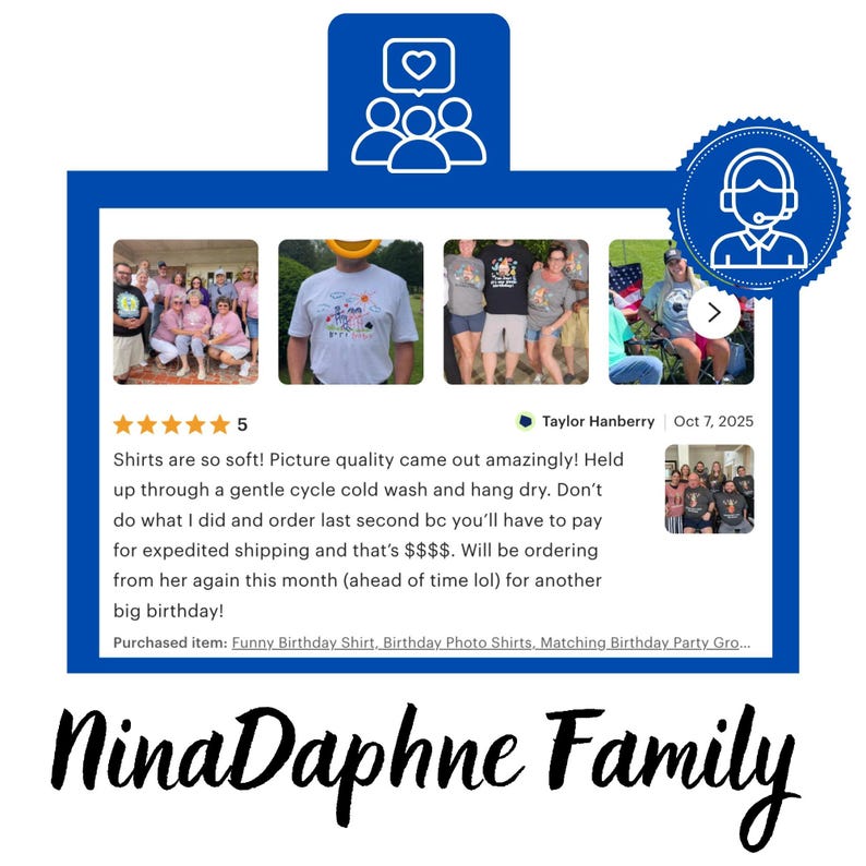 Puede incluir: Gr&aacute;fico azul con un icono de coraz&oacute;n y personas, un icono de servicio al cliente y un logotipo "NinaDaphne Family". La imagen incluye rese&ntilde;as de clientes y fotos de personas con camisetas.