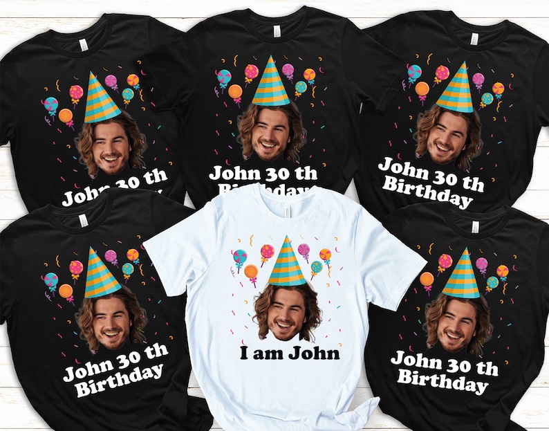 a group of t - shirts with a photo of a man wearing a birthday hat