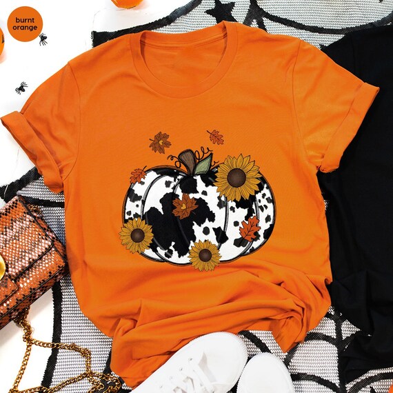 Cute Pumpkin Shirt, Thanksgiving T Shirt, Gifts for Her, Fall Clothing, Cow Print Graphic Tees, Floral Vneck Tshirts, Autumn Clothes