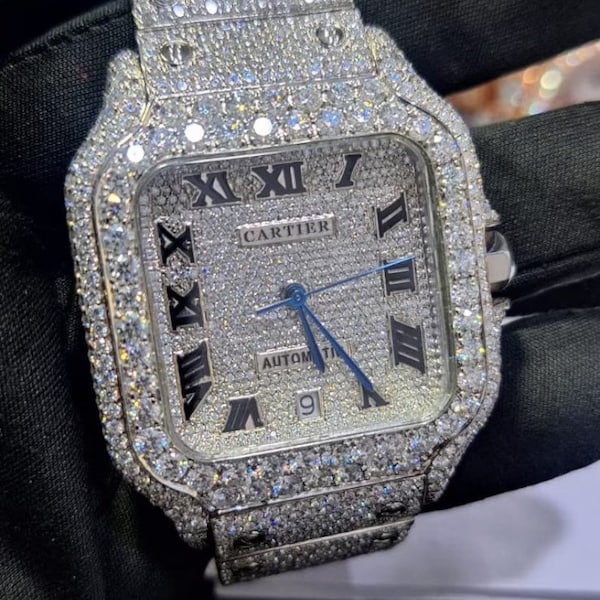 Iced Out Moissanite Watch| Cartier moissanite watch| Japanese movement| Roman letter| VVS| Diamond Wrist watch