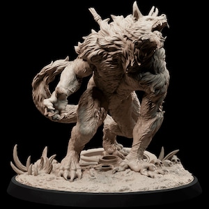 May include: A detailed, 3D printed miniature of a werewolf, painted in a light brown colour. The werewolf is standing on a base with a textured surface and is posed in a snarling, aggressive stance.