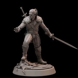 May include: A grey painted figurine of a fantasy character holding a sword. The character is wearing leather armour and has a ponytail. The figurine is standing on a base with a tree root design.