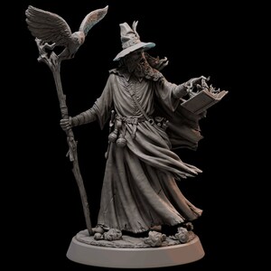 May include: A grey painted figurine of a wizard with a long beard, wearing a pointed hat and a long robe. He is holding a staff in one hand and a book in the other. An owl is perched on the staff.