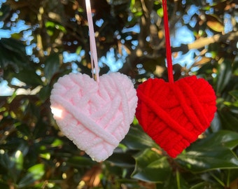 Valentine's Day Ornaments, Yarn Wrapped Soft Heart Red Pink, Valentines Day Decorations Decor, Hanging Tree Ornament