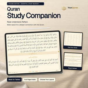 Puede incluir: Un compañero de estudio digital del Corán en una pantalla de tableta, con texto en árabe, botones de navegación y etiquetas como Talebe Edition, Essential Study Mushaf, Find Your Surah, Read & Reflect y Choose Your Layout.