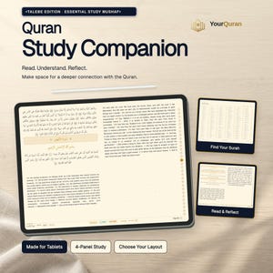 Puede incluir: Un compañero de estudio digital del Corán para tabletas, con una pantalla grande que muestra texto en árabe e inglés. Incluye pantallas más pequeñas etiquetadas como Find Your Surah y Read & Reflect, con botones Made for Tablets y Choose Your Layout.