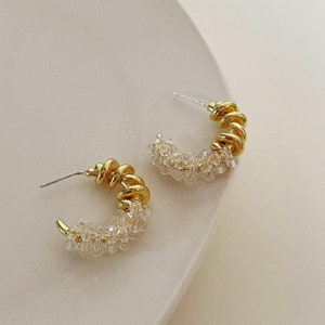 Clear Bead Clustered Gold Hoop Croissant Shape Earrings