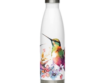 Tropical Flowers and Hummingbird Reusable Stainless Steel Water Bottle | BPA-free | Nature Gift | Bird Lover Gift | Eco-friendly