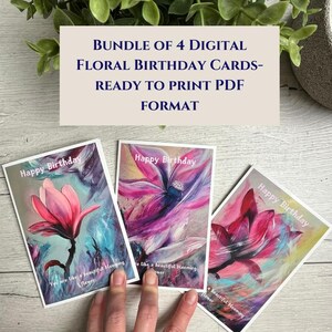 Pacote de cartões de aniversário florais PDF Imprimir Download instantâneo Elegante presente de aniversário Cartão com design de flor de magnólia pintada Impressão de presente para ela
