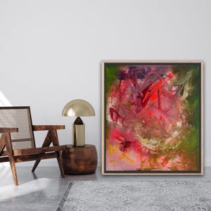 Sage Green Abstract Art Print: Vivid Red & Green Giclee Canvas
