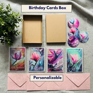 Blumen Geburtstagskarten Set Geschenk Box für Frauen Gemalt Bunte Magnolie Blumenmuster Karten Bundle Runde Aufkleber Pack Geburtstagskarten Geschenk Box