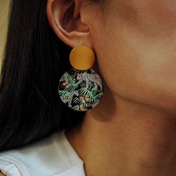 Animal Print Flat Hoop Earrings, Boho Coin Earrings, Ethnic Statement Earrings