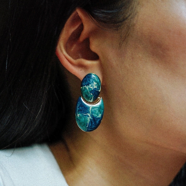 Oval enamel paint earrings, Blue Enamel Earrings, Drop Everyday Earrings