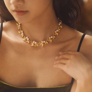 Boho Gold Leaf Necklace with Faux Pearl for Festivals
