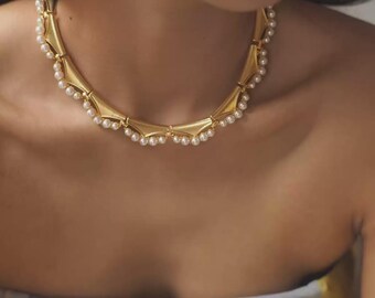 Set De Bijoux 2 Pièces : Collier De Perles Et Boucles D'Oreilles Strass - Blanc Doré - Neuf Sans Emballage