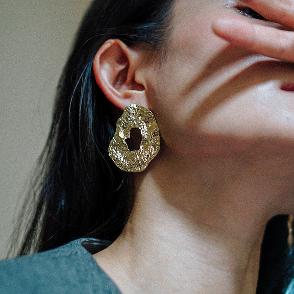 Gold Molten Statement Earrings, Large Gold Disc Earrings, Gold Statement Earrings