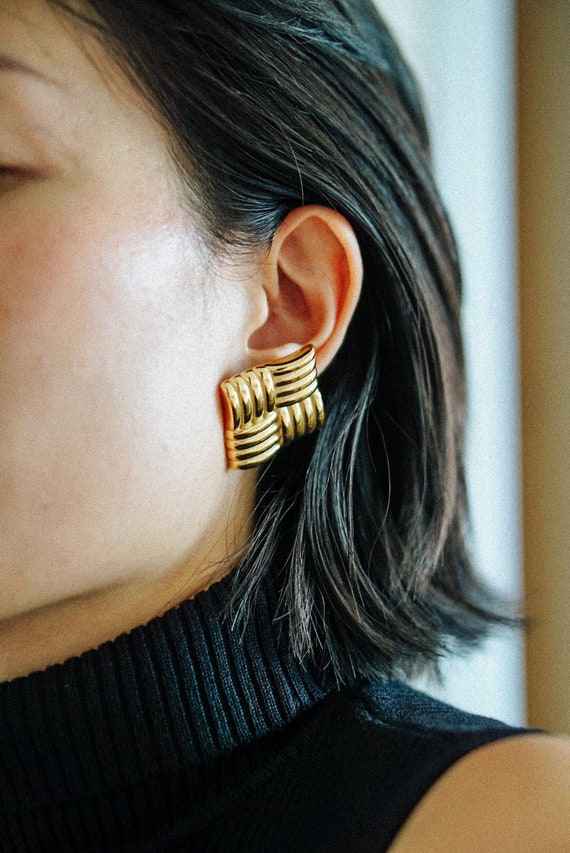 Vintage Chunky Square Gold Earrings, Gold Quilted Stud