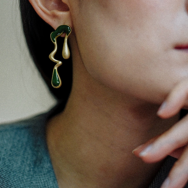 Green & Gold Geometric Earrings, Statement Asymmetric Earrings
