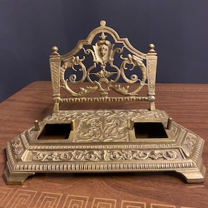 Antique Brass Double Inkwell and Letter Holder, Vintage Brass Inkwell and Letter Holder, Brass Art Nouveau Inkwell