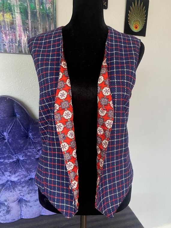 1970's Red and Blue Plaid Vest, Vintage Handmade … - image 1