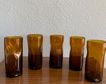 Blenko Pinch Honey Tumbler Set, Set of 5 Mid-Century Blenko Glasses, Vintage Barware,