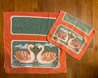 Vintage Pink and Green Bath Towel and Hand Towel, Swan and Lotus Hand Towel, Bathroom Towel Set, One Bath Towel and Hand Towel