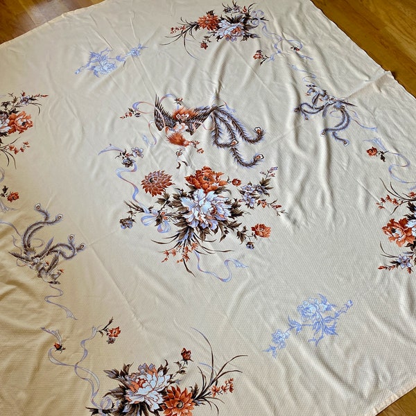 Peachy Cream Tablecolth, Floral Fabric, Floral and Pheasants Tapestry