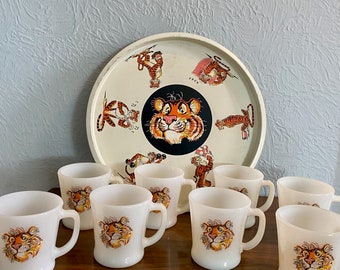 1950-60's Exxon Tiger Milk Glass Coffee Mug Set With Serving Tray