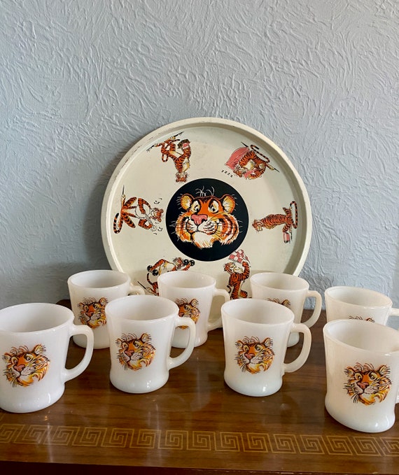 1950-60's Exxon Tiger Milk Glass Coffee Mug Set With Serving Tray
