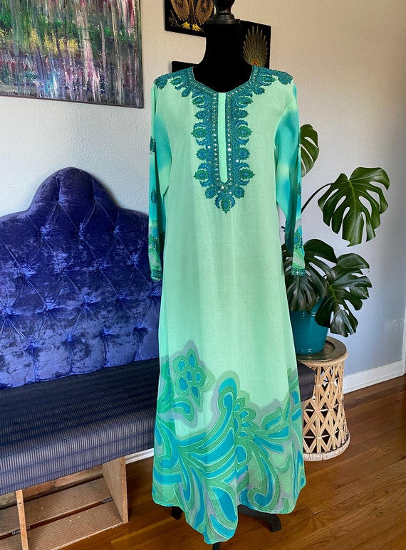 Aanchal Kaftan,Vintage Kaftan, Teal Blue Kaftan D… - image 3