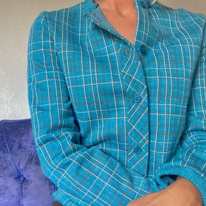1960&#39;s Teal-Blue Plaid Cardigan-Jacket, Vintage Sweater, Retro Plaid Button Down Cardigan-Jacket, You and I Brand MC Cardigan
