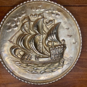 Mid Century Embossed Tin Nautical Ship Wall Art, MCM Wall Art, Nautical Wall Art, Vintage Tin Hanging Nautical Ship