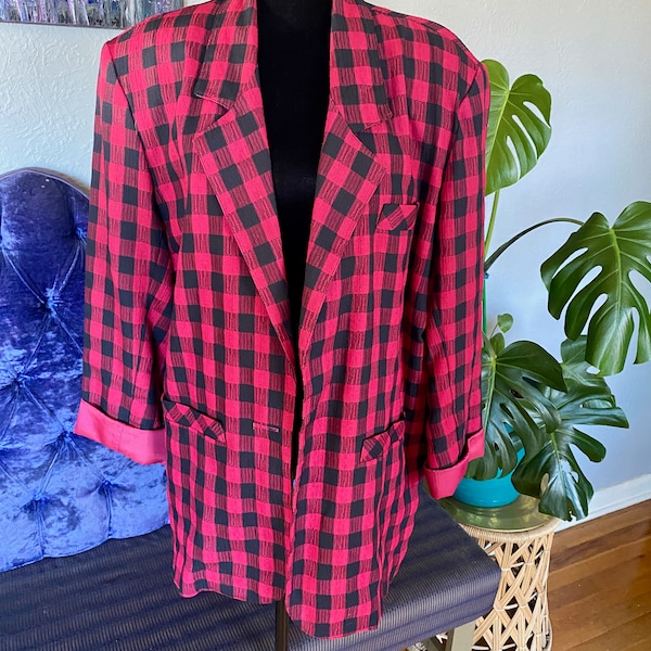 1980-90's Pink and Black Plaid Blazer, Vintage Oversized Blazer, Chad Stevens Blazer