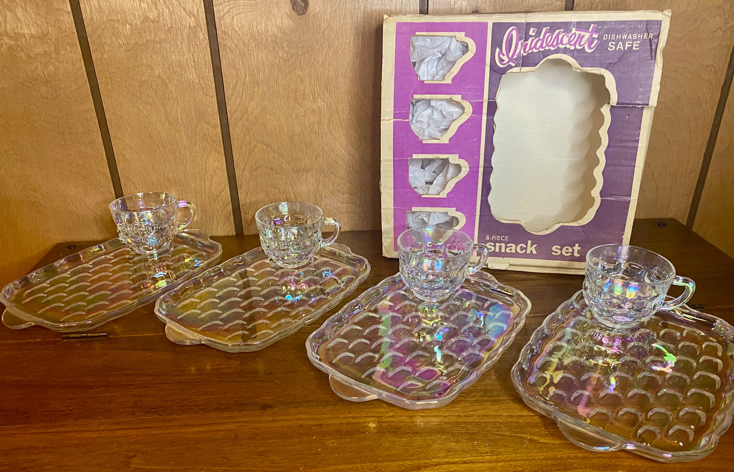 Vintage Federal Glass Company Yorktown Iridescent Snack Set Of 4 Teacups And 4 Biscuit Trays