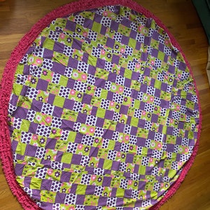 Groovy Flower Power and Polka Dot Handmade Round Table Cloth With Pink Fringe, Tablecloth, Purple Pink Flower and Polkadot Faux Patchwork