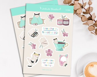 Selfcare cat Vinyl Stickers Sheet - Bujo, Happy Planner, Bullet Journal, Penpal, Scrapbook, Diary, Art, Supplies, Relax, Mental, Christmas