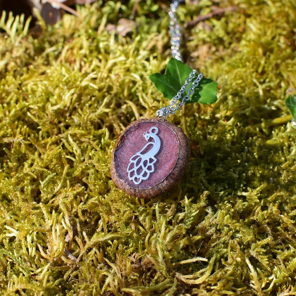 Collier "Cupule", pendentif cupule de gland, résine, inclusion breloque acier paon, fond rouge foncé nacré