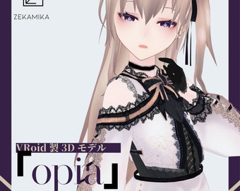 Könnte beinhalten: Ein 3D-Modell einer weiblichen Figur mit langen blonden Haaren, die ein weißes Kleid mit schwarzen Spitzen und goldenen Akzenten trägt. Die Figur hat violette Augen und einen ernsten Ausdruck. Der Text "VRoid 3D Model" und "Opia" ist im Bild sichtbar.