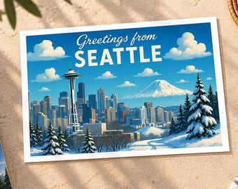 Seattle Winter Postcard – Space Needle, Mount Rainier Souvenir