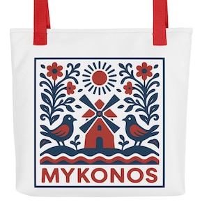 Mykonos tote bag, Greece travel bag, Greek island tote, folk art bag, Mykonos gift, summer bag, beach tote, boho bag, Greek souvenir