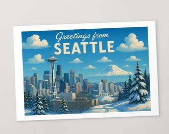 Seattle Winter Postcard – Space Needle, Mount Rainier Souvenir