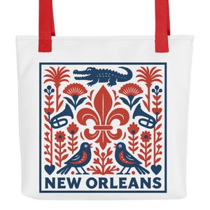 New Orleans Tote Bag: Folk Art Fleur-de-Lis, Alligator, Jazz
