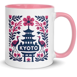 Kyoto Ceramic Mug: Japanese Art Print, Pink Handle - 11oz