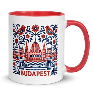 Kubek pamiątkowy z Budapesztu: węgierska sztuka ludowa, projekt miejski