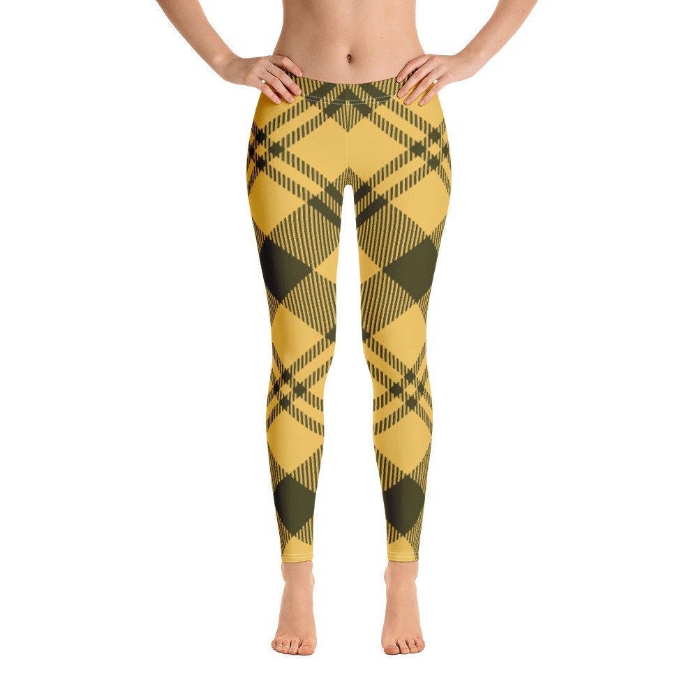 Yellow Plaid Yoga Leggings Women, Tartan High Waisted Pants Cute